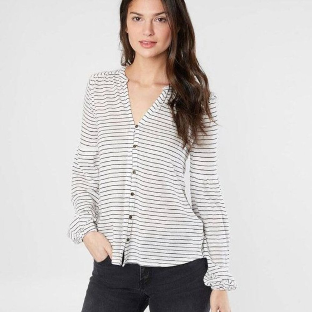 Lucky Brand Stripe Stripped White Black Button Up Blouse Women's Medium Loose